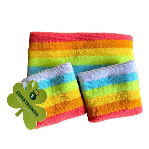 Rainbow Sweatband Set Headband Wristband Jogging Costume Party Unisex One Size - Picture 1 of 4